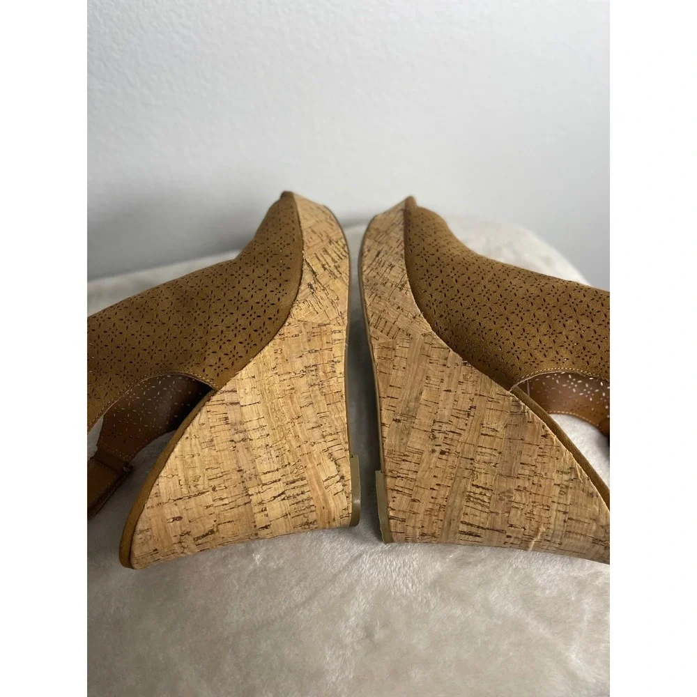 A.N.A. Malik Women Brown Laser Cut Wedge Sandals Cork Heel Slingback Size 10M